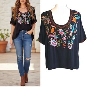 Curations Embroidered Boho Tunic Top Women's Sz XS/S Black Popover Short Sleeve
